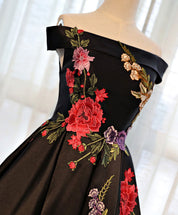 A-Line Off-the-Shoulder Tea-Length Satin & Lace Homecoming Dress with Floral Embroidery