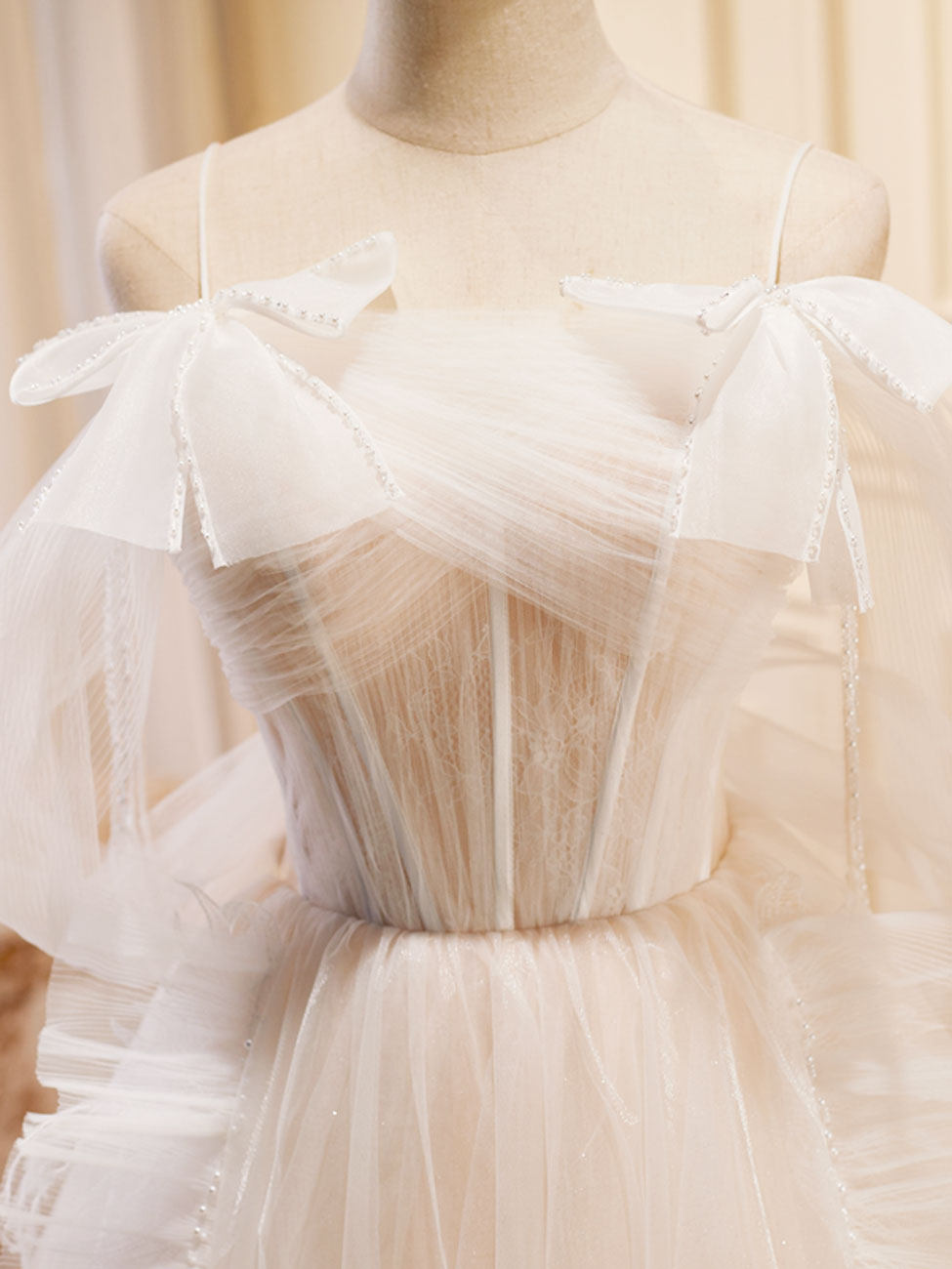 A-Line Off-the-Shoulder Floor-Length Ivory Tulle Prom Dress with Sheer Lace Corset Bodice