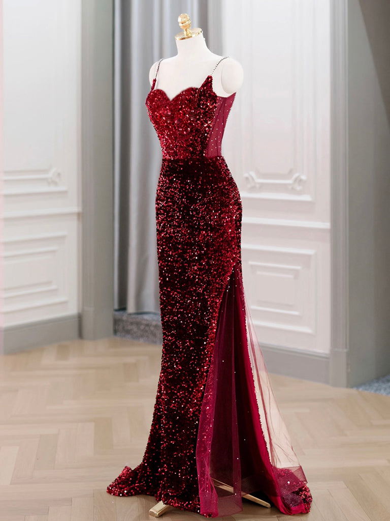 Sheath/Column Red Sweetheart Floor-Length Velvet Sequin Prom Dress with Sheer Side Train