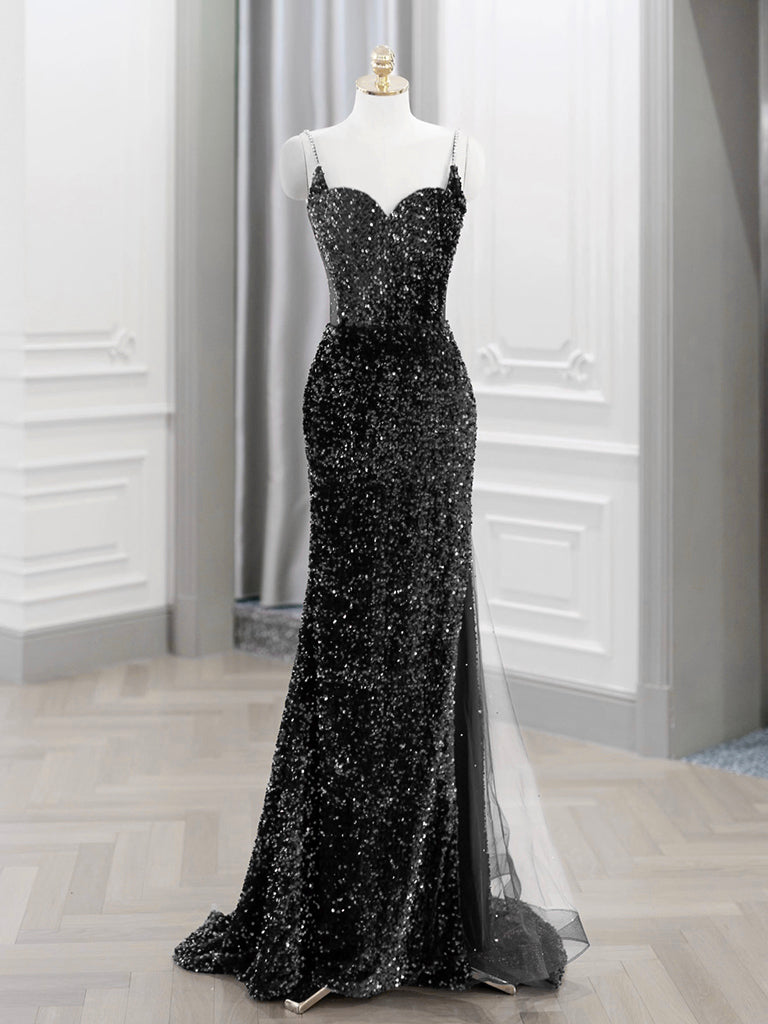 Sheath/Column Red Sweetheart Floor-Length Velvet Sequin Prom Dress with Sheer Side Train