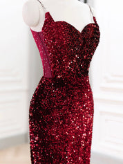 Sheath/Column Red Sweetheart Floor-Length Velvet Sequin Prom Dress with Sheer Side Train
