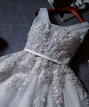 A-Line V Neck Sleeveless Tulle Short Homecoming Dress With Floral Lace Appliqué & Lace-Up Back