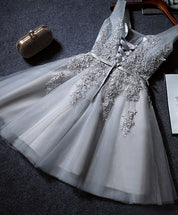 A-Line V Neck Sleeveless Tulle Short Homecoming Dress With Floral Lace Appliqué & Lace-Up Back