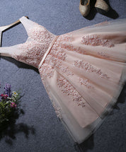 A-Line V Neck Sleeveless Tulle Short Homecoming Dress With Floral Lace Appliqué & Lace-Up Back