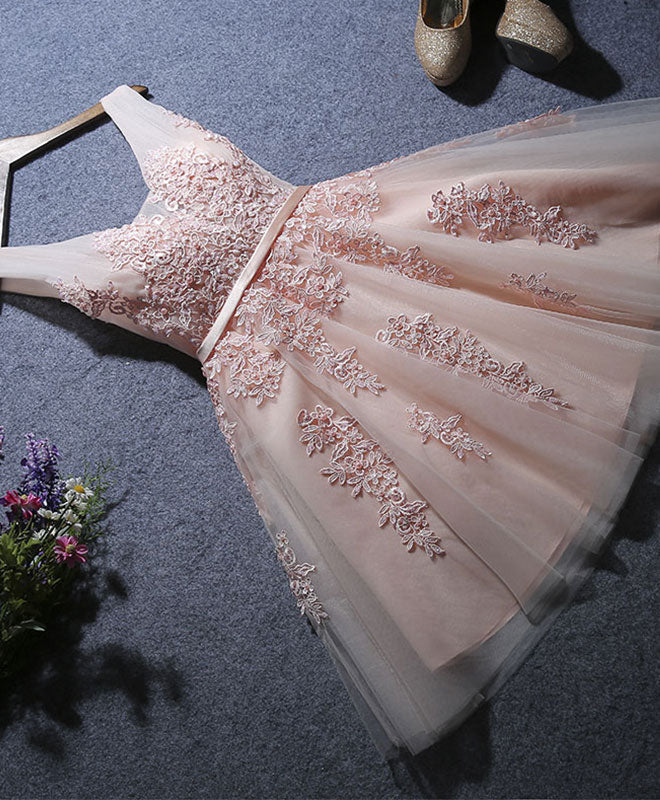 A-Line V Neck Sleeveless Tulle Short Homecoming Dress With Floral Lace Appliqué & Lace-Up Back