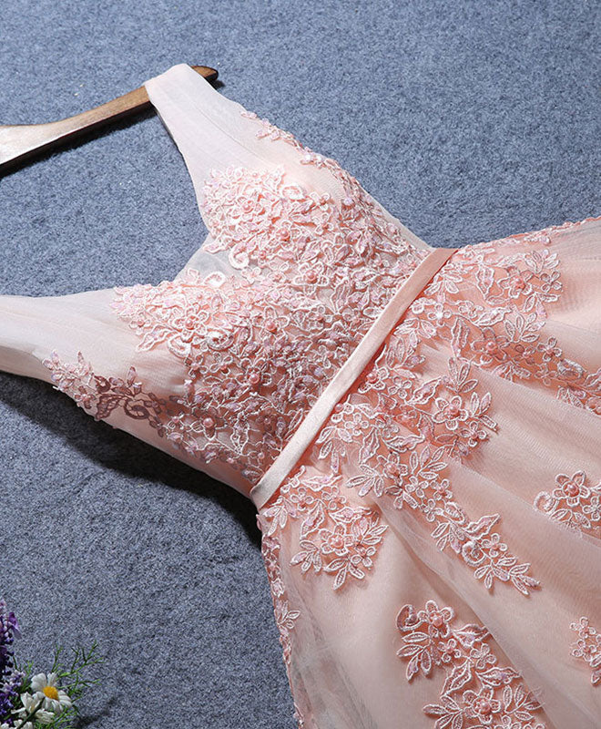 A-Line V Neck Sleeveless Tulle Short Homecoming Dress With Floral Lace Appliqué & Lace-Up Back