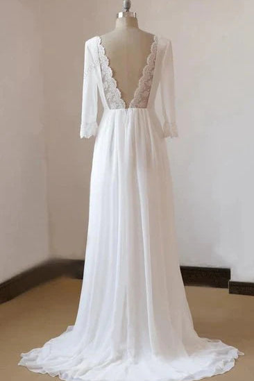 A-Line Chiffon Lace White  Satin Weddig Dress
