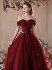 A-Line Sweetheart Neck Floor-Length Tulle Burgundy Prom Dress with Layered Skirt and Floral Accents