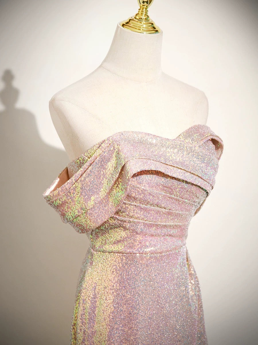 Mermaid Straight Neck Floor-Length Sequin Prom Dress in Iridescent Blush