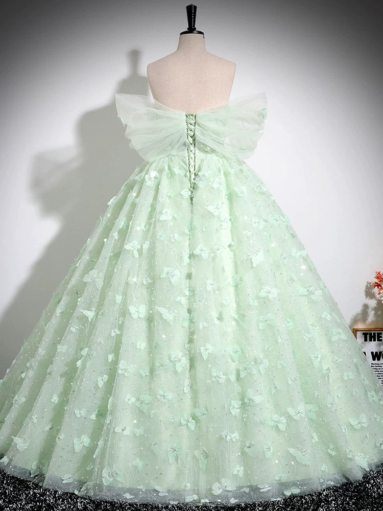 Ball Gown Sweetheart Neckline Floor-Length Mint Tulle Lace Prom Dress with 3D Floral Appliqué