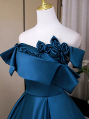 A-Line Satin Blue Long Prom Dress with Elegant Flowing Skirt