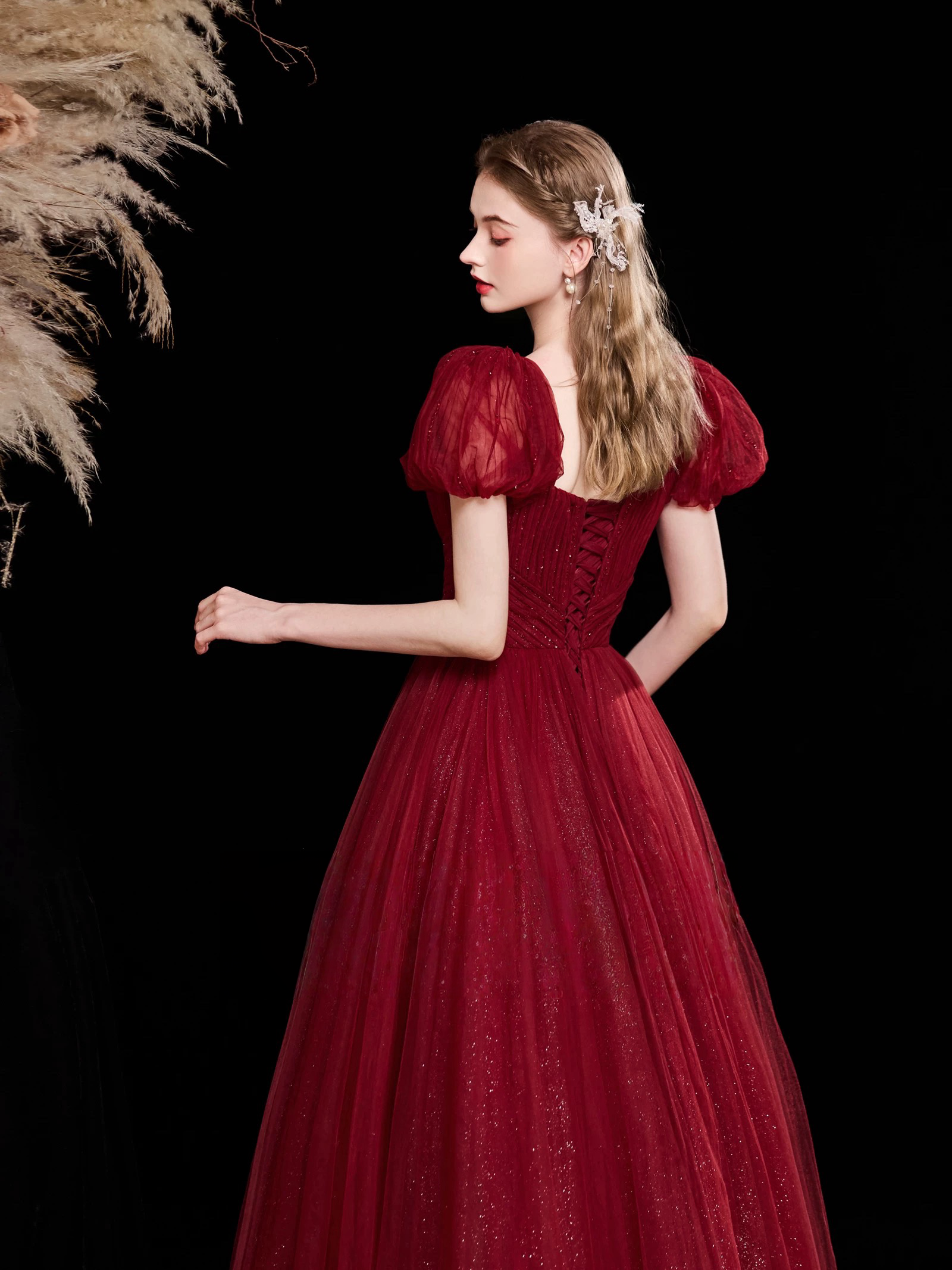 A-Line Sweetheart Neck Floor-Length Burgundy Tulle Prom Dress with Puff Sleeves