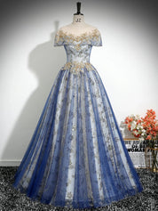 A-Line Tulle Sequin Lace Blue Long Prom Dress with Lace-Up Back