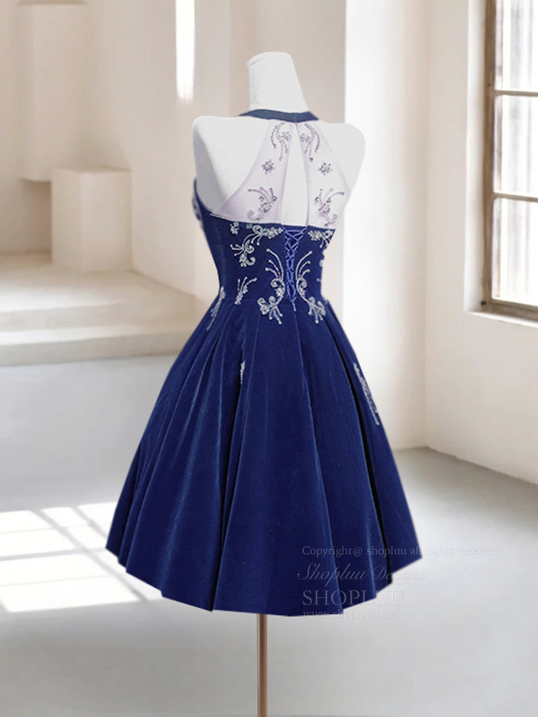 A-Line Halter Neck Knee-Length Navy Velvet Homecoming Dress with Beaded Embroidery