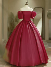 Square Neck Burgundy Ball Gown Prom Dress with Puff Sleeves