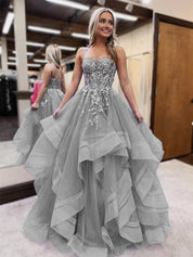 Ball Gown Lavender Square Neck Floor-Length Tulle Prom Dress with Lace Appliqué