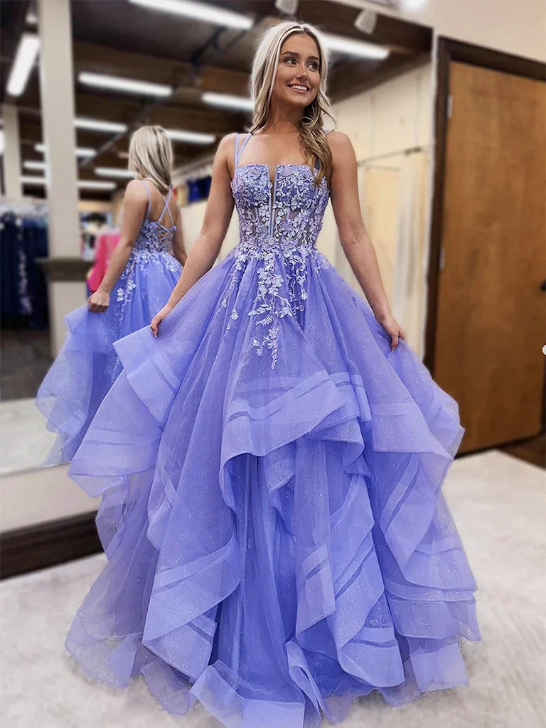 Ball Gown Lavender Square Neck Floor-Length Tulle Prom Dress with Lace Appliqué