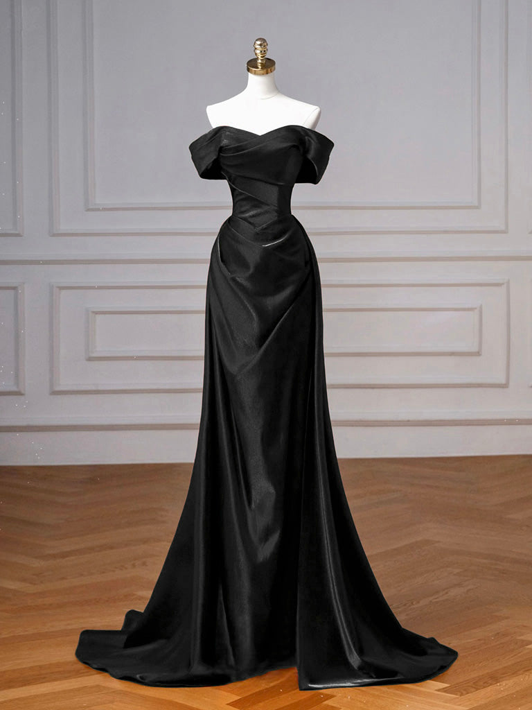 Sheath Off-the-Shoulder Floor-Length Satin Prom Dress with Sculpted Draping