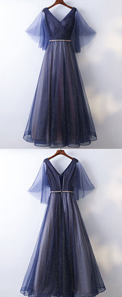 A-Line V-Neck Floor-Length Tulle Prom Dress with Sheer Flutter Sleeves