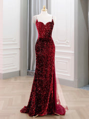 Sheath/Column Red Sweetheart Floor-Length Velvet Sequin Prom Dress with Sheer Side Train