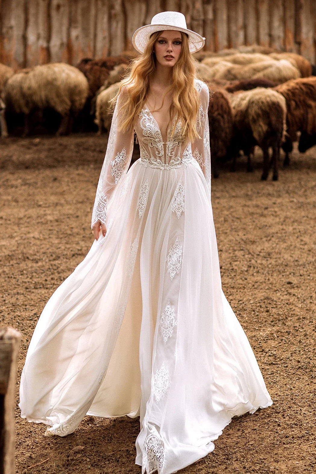 Calista | A-Line Boho Lace Wedding Dress with Sleeves Plunging Neckline Sweep Train