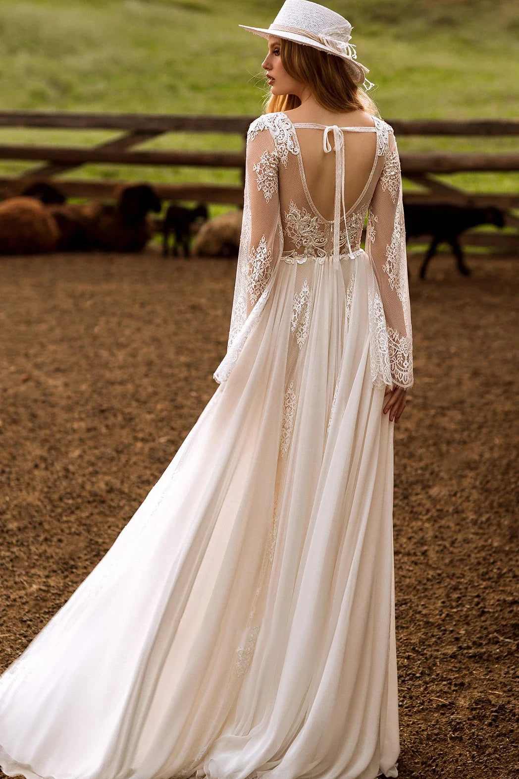 Calista | A-Line Boho Lace Wedding Dress with Sleeves Plunging Neckline Sweep Train