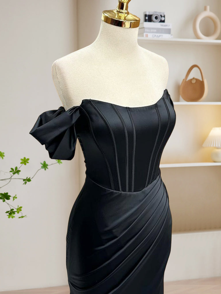 Black Off Shoulder Satin Mermaid Long Prom Dress, Black Long Evening Dress
