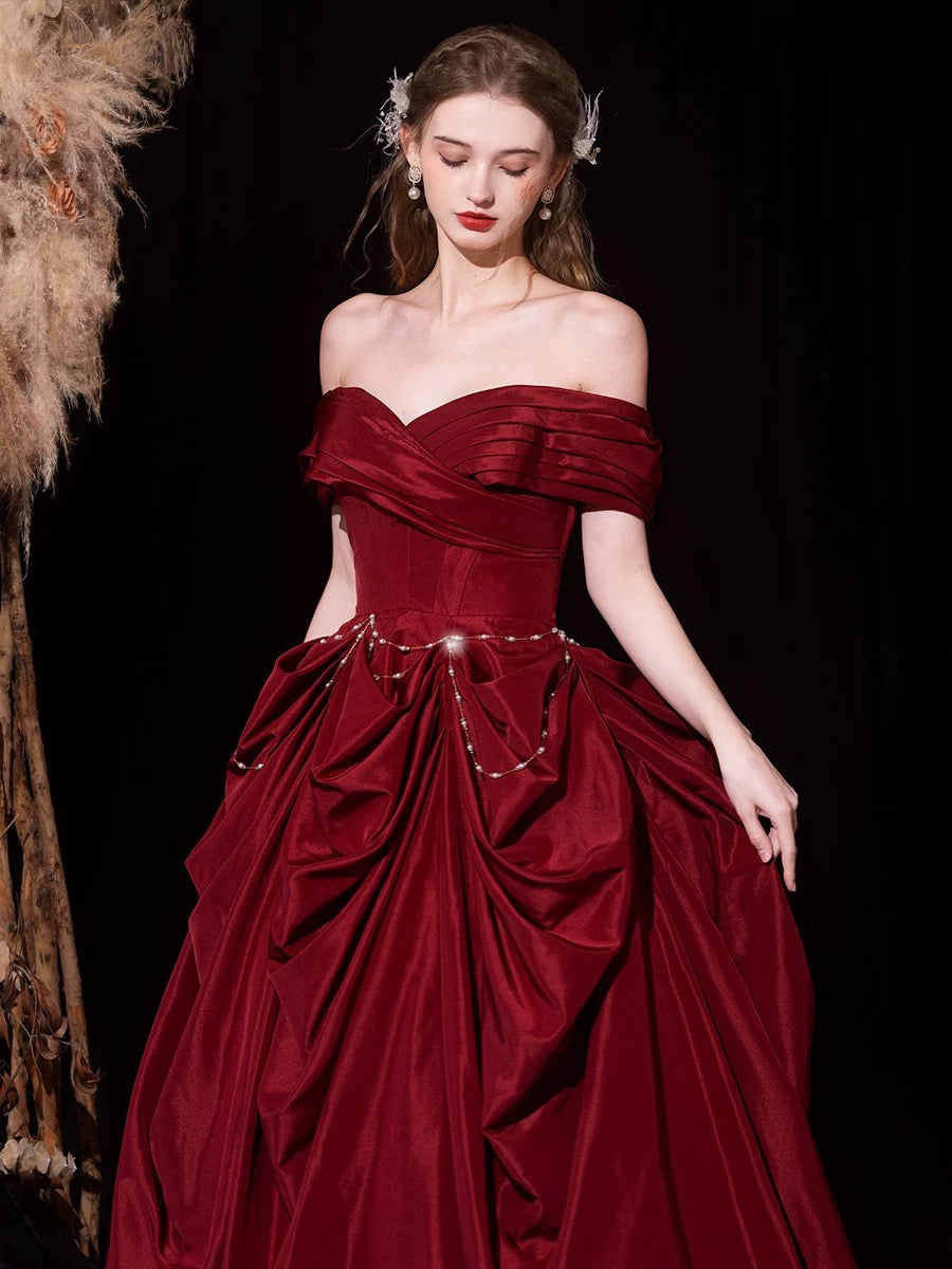 A-Line Off Shoulder Satin Burgundy Long Prom Dress, Burgundy Long Evening Dress