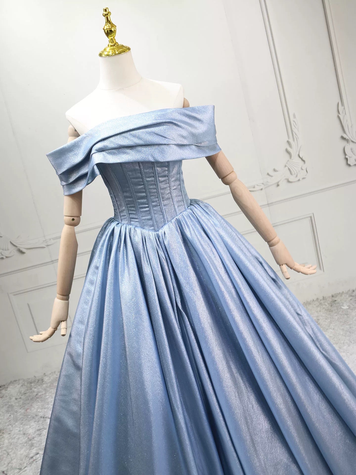 A-Line Off Shoulder Satin Blue Long Prom Dress with Lace-Up Back