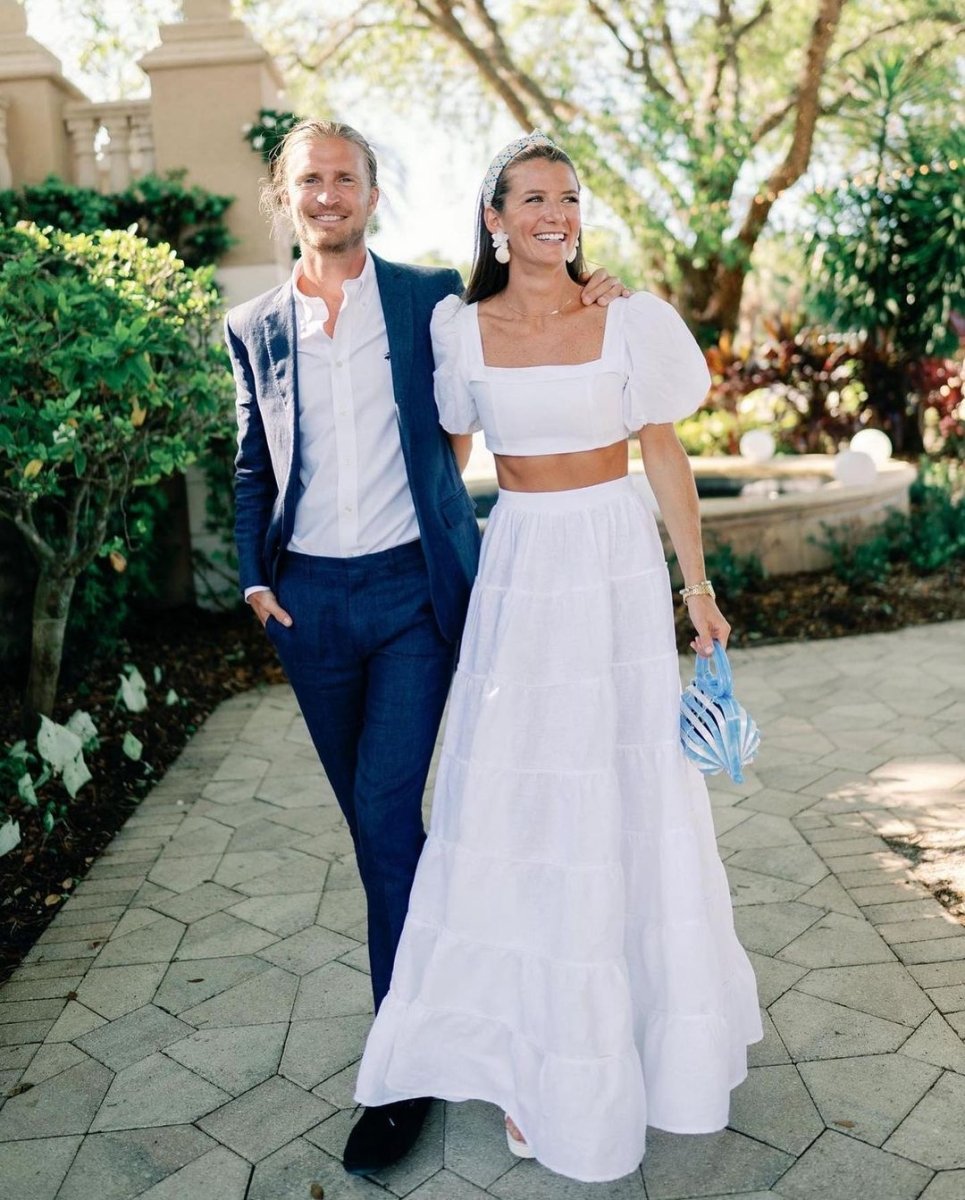 Genevieve | A Line Two Piece Square Neck Satin Long Wedding Dresses