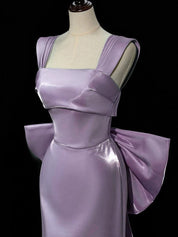 Sheath / Column Square Neck Floor-Length Satin Prom Dress with Sculptural Bow Detail