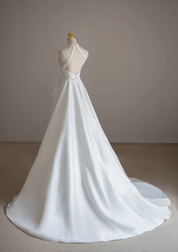 A-Line Halter Neckline Floor-Length Ivory Satin Prom Dress