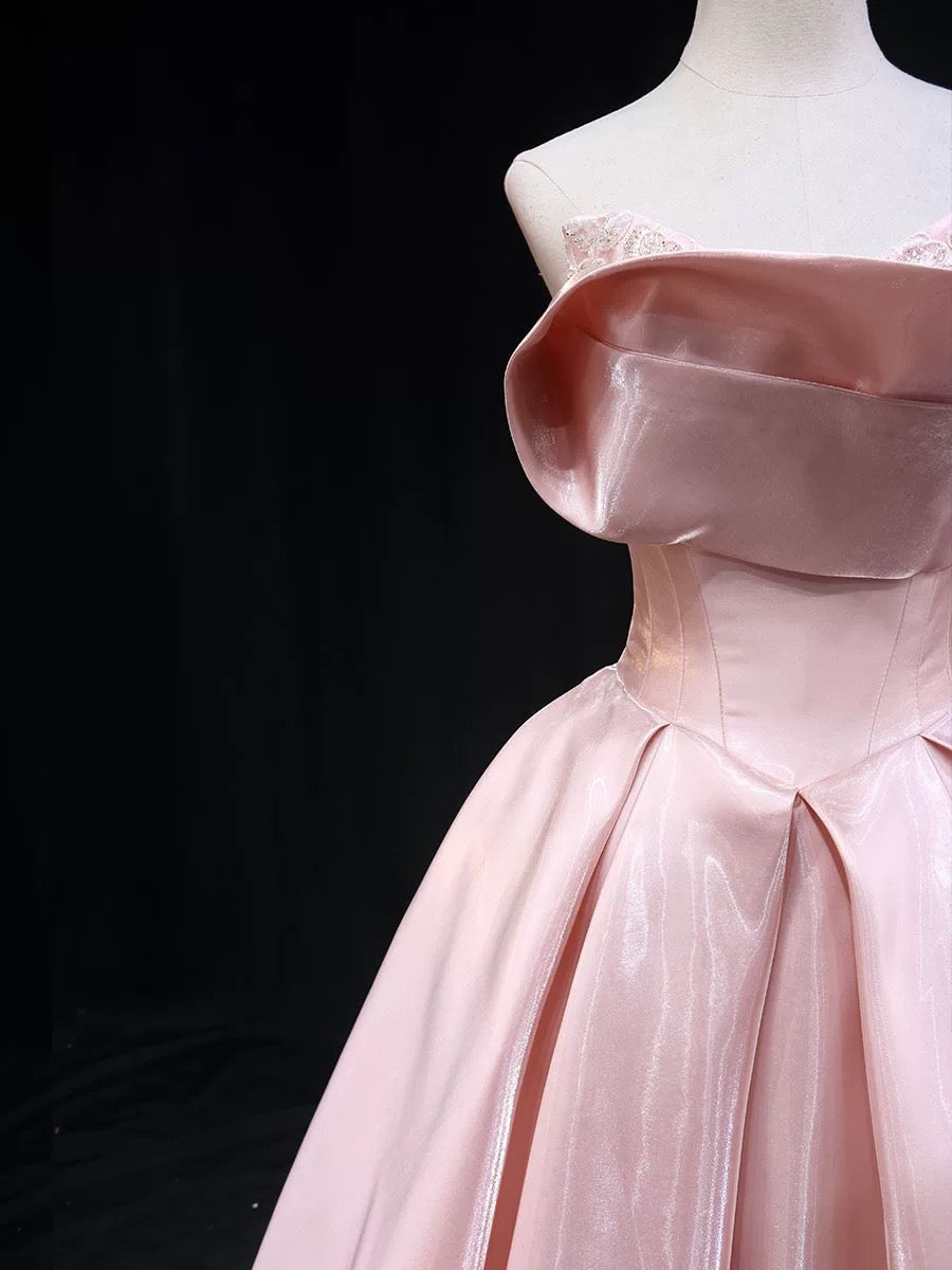 A-Line Satin Pink Long Prom Dress, Pink Long Evening Dress