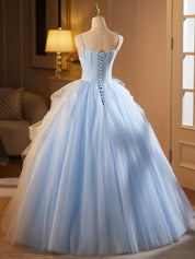 A-Line Tulle Lace Blue Long Prom Dress, Blue Long Formal Dress