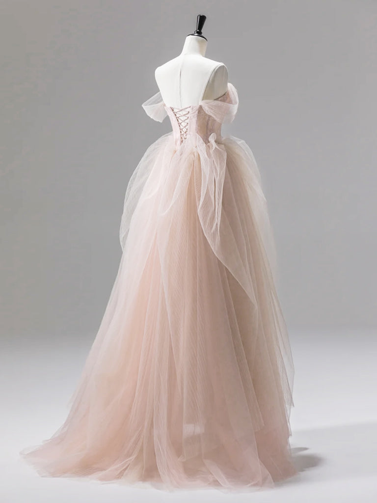 Blush A-Line Sweetheart Floor-Length Tulle Prom Dress with Soft Lace Accents