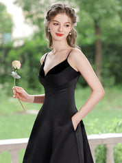 A-Line V Neck Tea-Length Black Satin Minimalist Homecoming Dress
