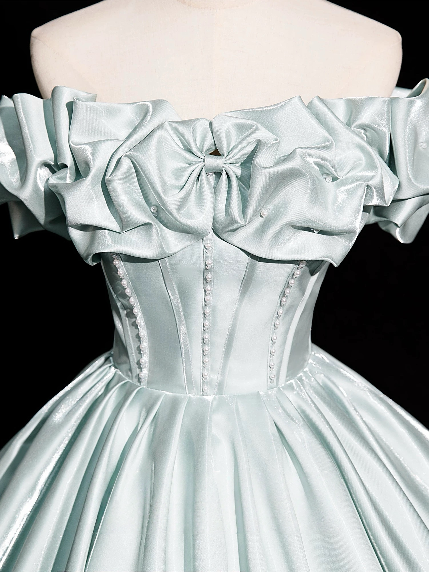 A-Line Off Shoulder Satin Light Green Long Prom Dress, Light Green Long Formal Dress