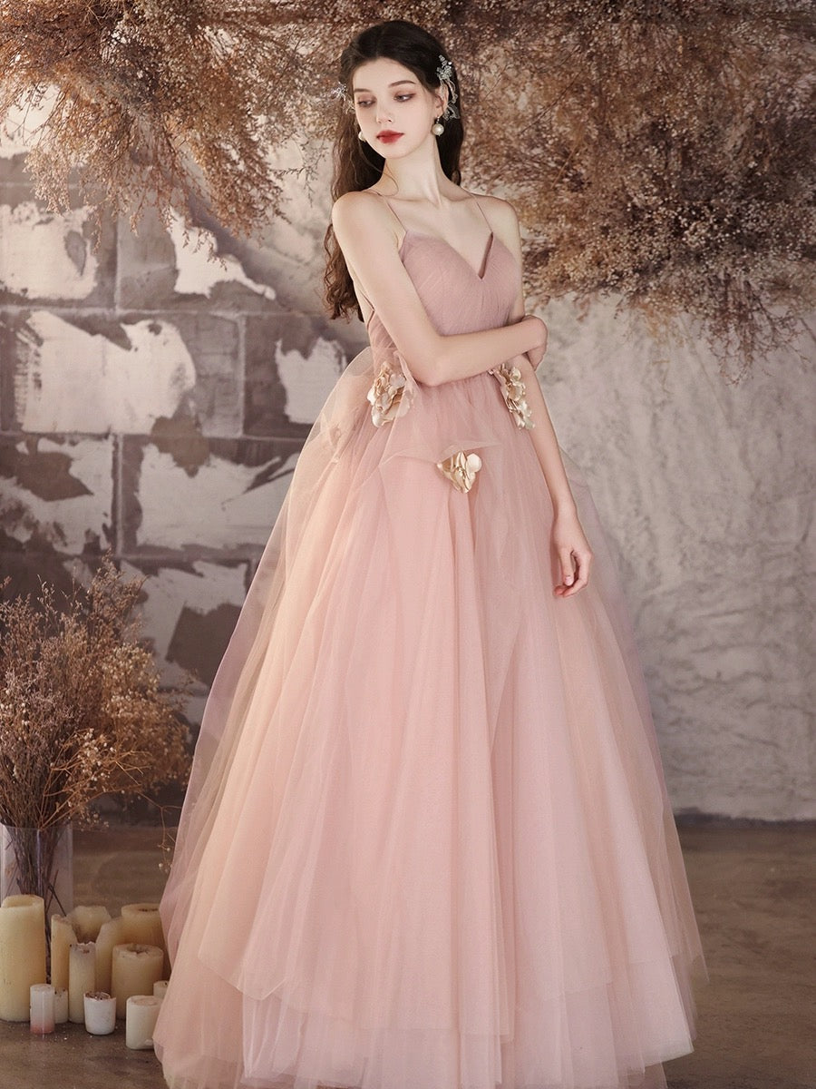 A-Line Blush Sweetheart Neck Floor-Length Tulle Prom Dress with Spaghetti Straps and Floral Waist Detail