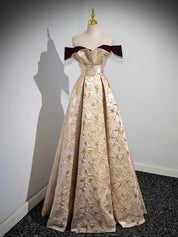 A-Line Off-Shoulder Champagne Satin Long Prom Dress