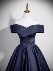 A-Line Straight Neck Floor-Length Navy Satin Prom Dress with Sculpted Off-the-Shoulder Bodice