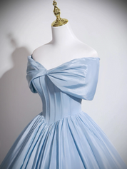 Ball Gown Off-the-Shoulder Floor-Length Water Satin Bow Prom Dress in Light Blue