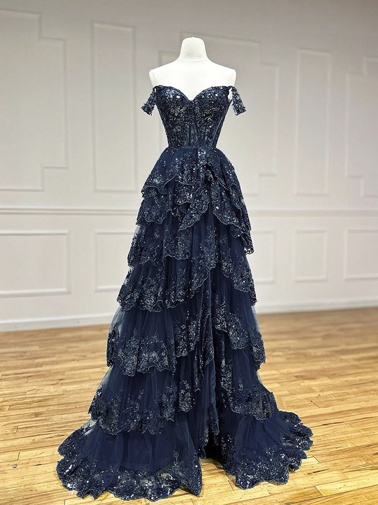 Navy Blue Ball Gown Sweetheart Floor-Length Tulle Prom Dress with Tiered Lace Appliqué