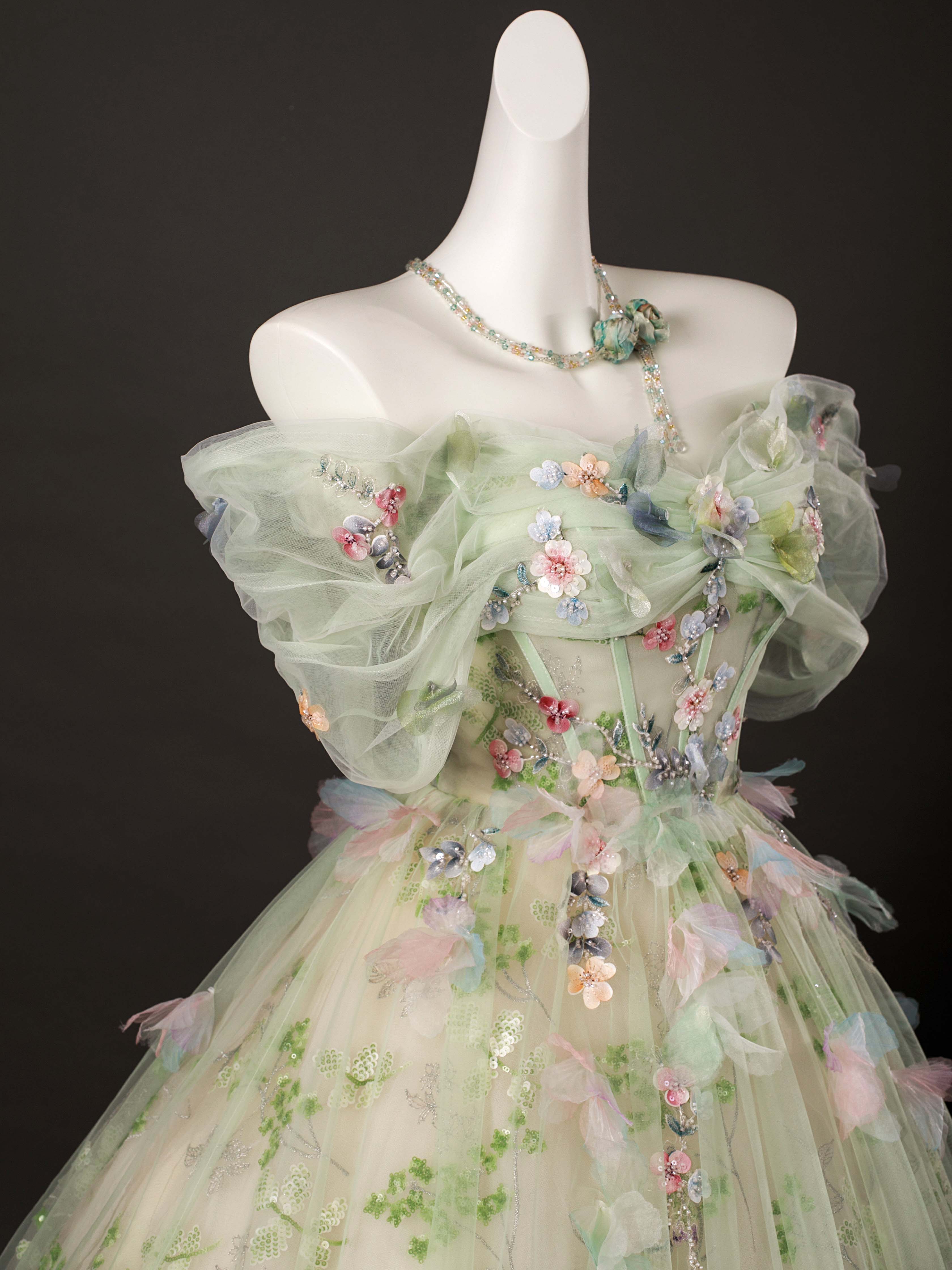 A-Line Off-Shoulder Tulle Lace Green Long Prom Dress | Elegant Formal Evening Gown