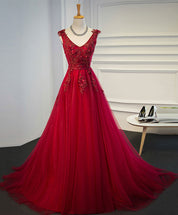 A-line V-Neck Floor-Length Tulle Lace Prom Dress with 3D Floral Appliqué