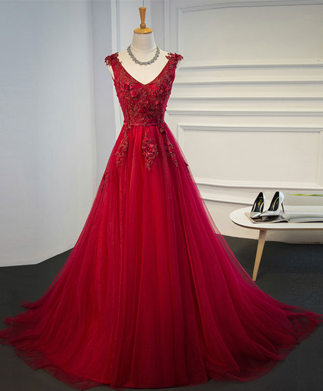 A-line V-Neck Floor-Length Tulle Lace Prom Dress with 3D Floral Appliqué