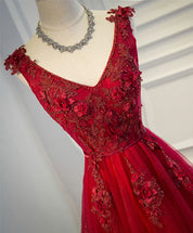 A-line V-Neck Floor-Length Tulle Lace Prom Dress with 3D Floral Appliqué