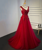 A-line V-Neck Floor-Length Tulle Lace Prom Dress with 3D Floral Appliqué