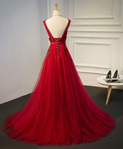 A-line V-Neck Floor-Length Tulle Lace Prom Dress with 3D Floral Appliqué