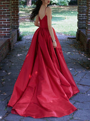 Red A-Line Sweetheart Floor-Length Satin Prom Dress with Pleated Skirt