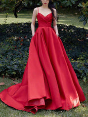 Red A-Line Sweetheart Floor-Length Satin Prom Dress with Pleated Skirt